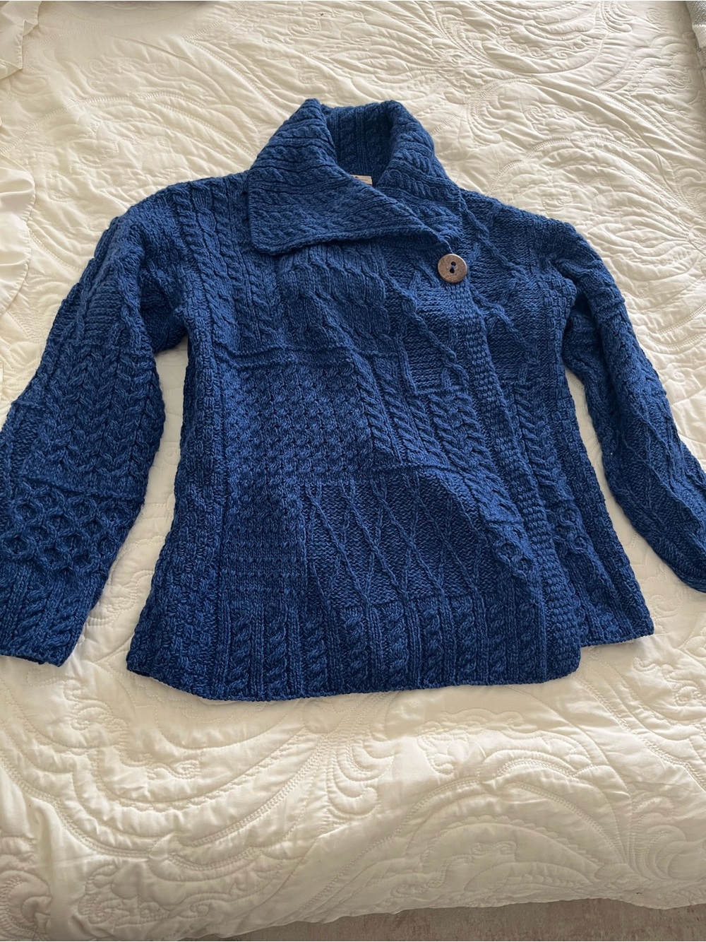 Carraigdonn Cozy Blue Cable-Knit Shawl Collar Cardigan 100% Merino wool M - Picture 4 of 8